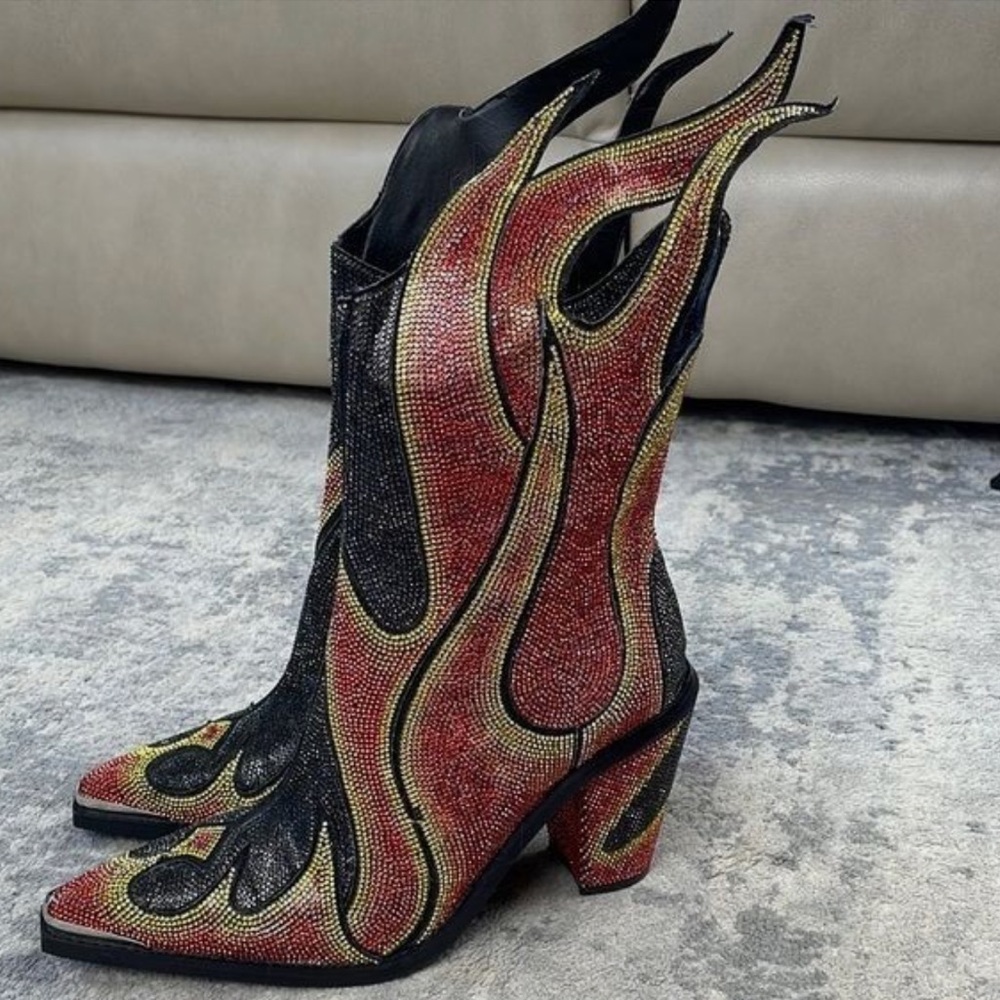 Club Exx Dolls Kill Rhinestone Fire ‘SHERIFF SHINE’ Cowboy Boots NEW 10/9 - Picture 3 of 9
